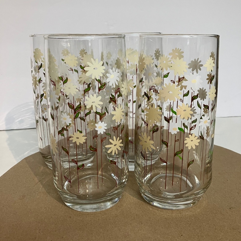 Vintage Libbey Daisy Floral Highball Glasses Set of 4 Yellow White MCM Excellent